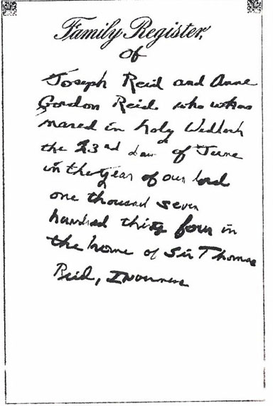 Reid Bible Family Register Joseph Reid